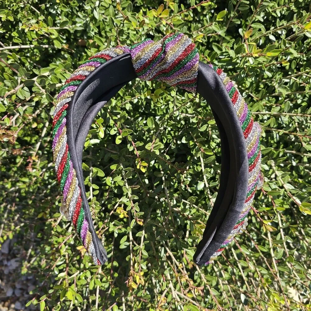 Knotty Headband Metallic Stripes With Rhinestone Pearl Jeweled Embellished